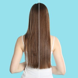 Image of Hair combing, straightening. Woman showing hairstyle before and after different procedures on light blue background, back view. Photo divided in halves