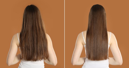 Image of Hair combing, straightening. Woman showing hairstyle before and after different procedures on brown background, back view. Collage of photos