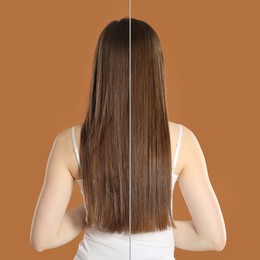 Image of Hair combing, straightening. Woman showing hairstyle before and after different procedures on brown background, back view. Photo divided in halves