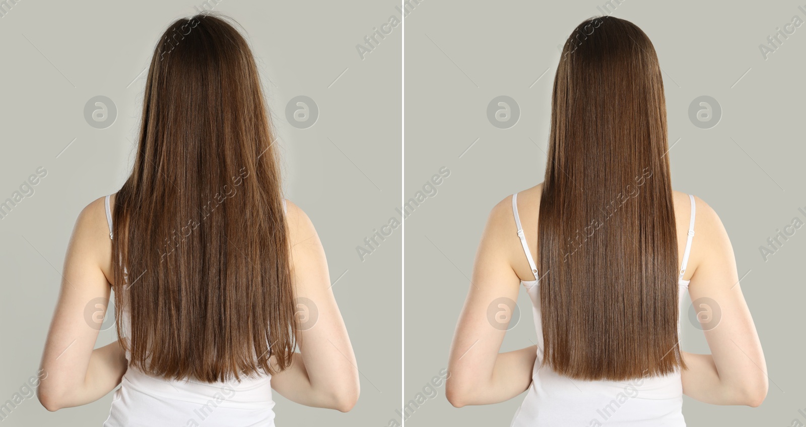 Hair combing, straightening. Woman showing hairstyle before and after different procedures on grey background, back view. Collage of photos Image of Hair combing, straightening. Woman showing hairstyle before and after different procedures on grey background, back view. Collage of photos