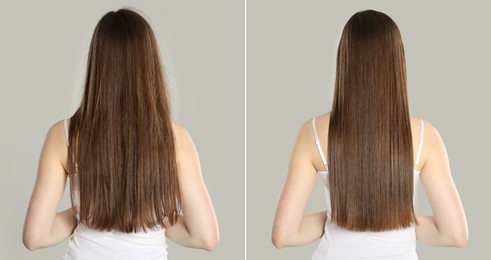 Image of Hair combing, straightening. Woman showing hairstyle before and after different procedures on grey background, back view. Collage of photos