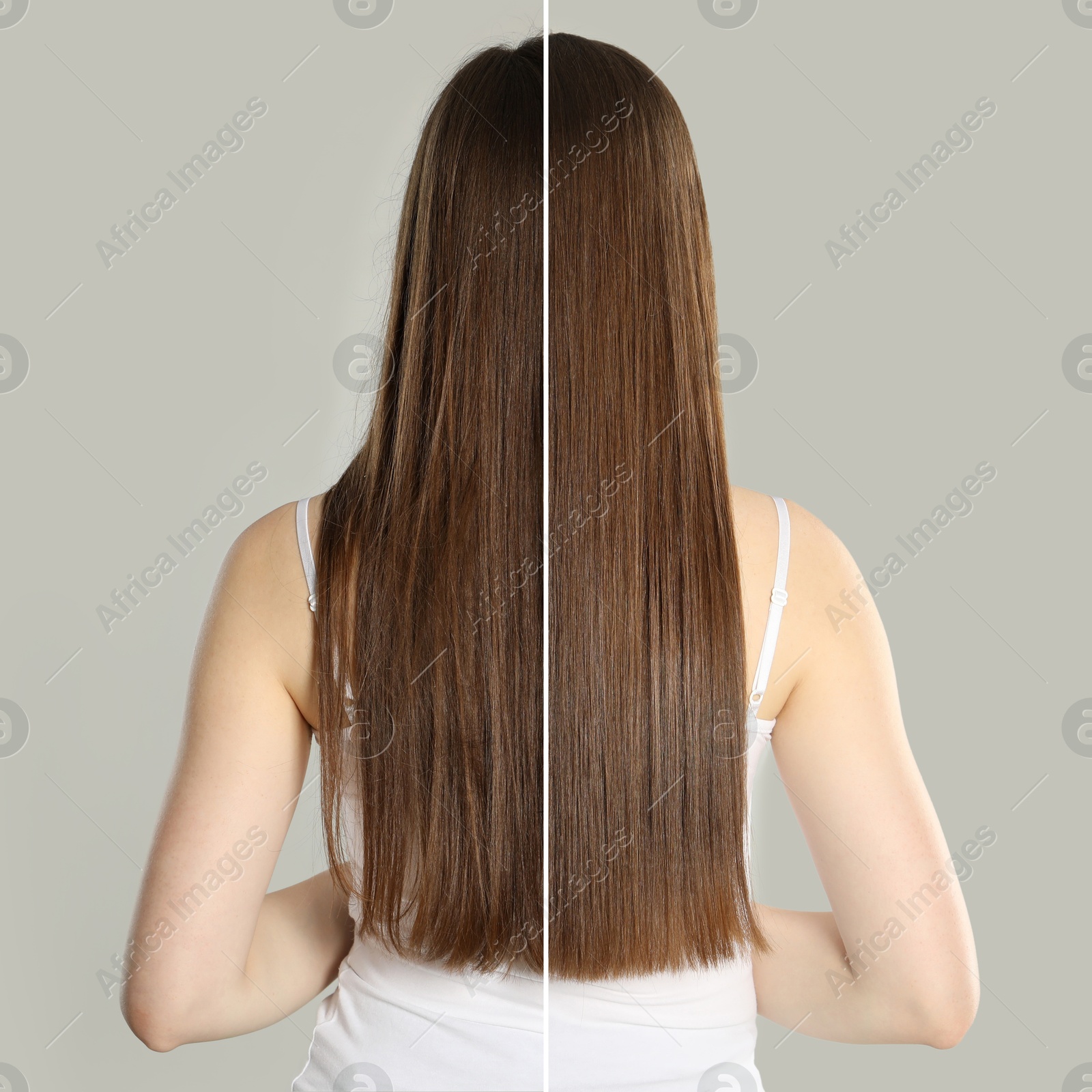 Hair combing, straightening. Woman showing hairstyle before and after different procedures on grey background, back view. Photo divided in halves Image of Hair combing, straightening. Woman showing hairstyle before and after different procedures on grey background, back view. Photo divided in halves