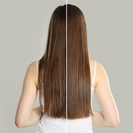 Image of Hair combing, straightening. Woman showing hairstyle before and after different procedures on grey background, back view. Photo divided in halves