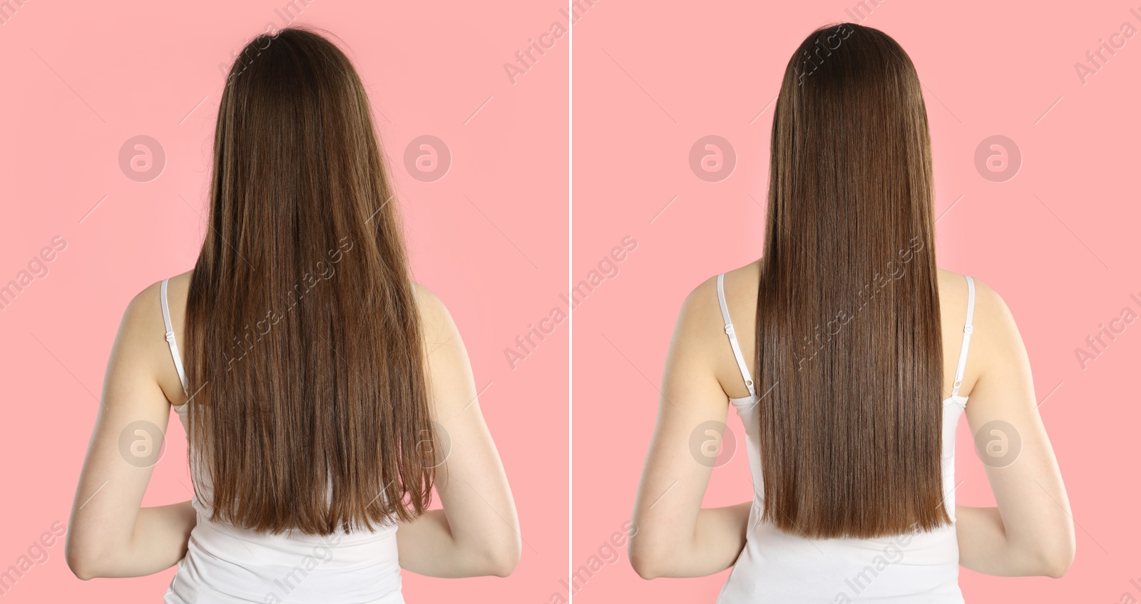 Hair combing, straightening. Woman showing hairstyle before and after different procedures on pink background, back view. Collage of photos Image of Hair combing, straightening. Woman showing hairstyle before and after different procedures on pink background, back view. Collage of photos