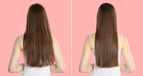 Image of Hair combing, straightening. Woman showing hairstyle before and after different procedures on pink background, back view. Collage of photos