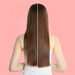 Image of Hair combing, straightening. Woman showing hairstyle before and after different procedures on pink background, back view. Photo divided in halves