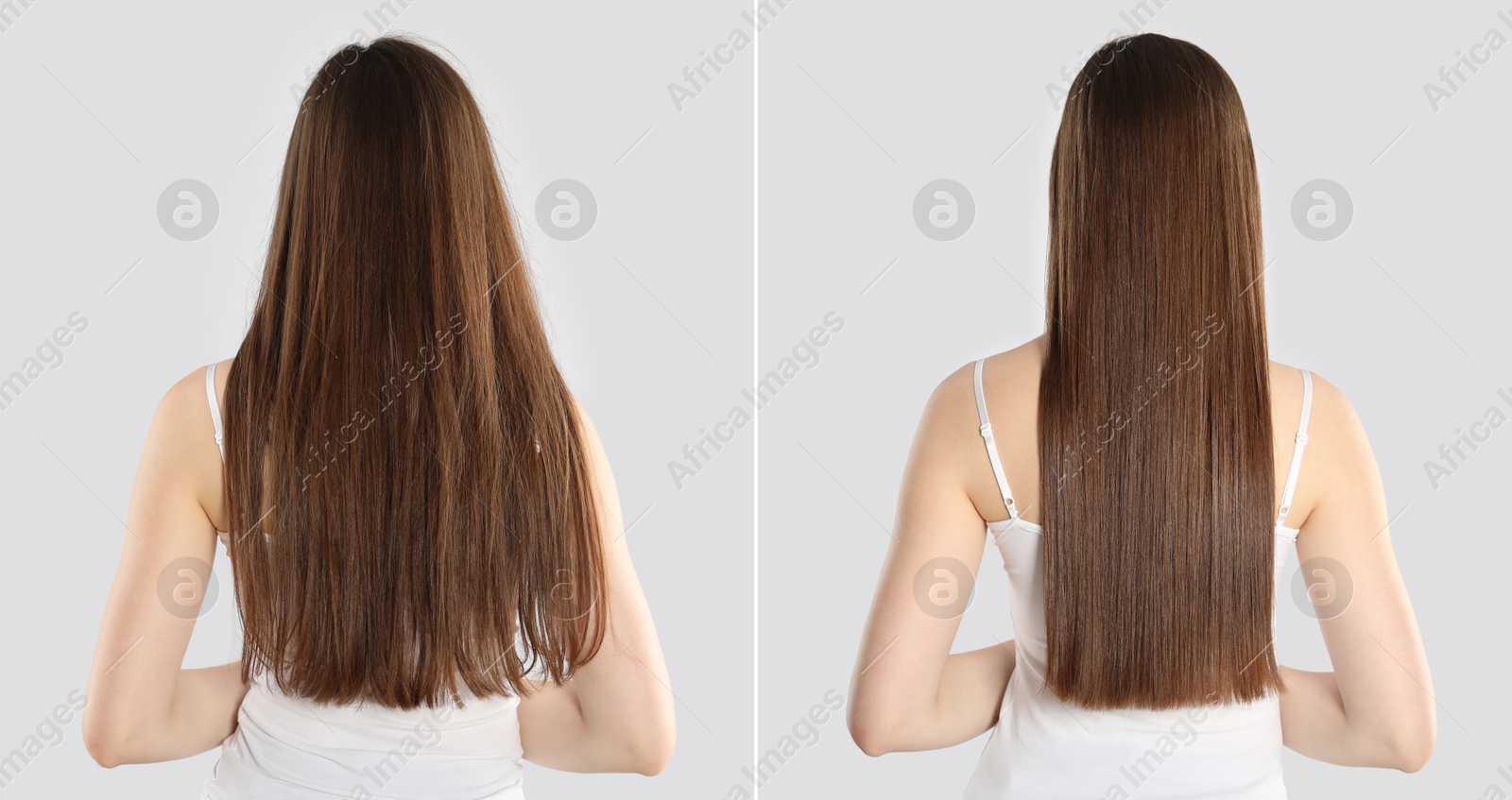 Hair combing, straightening. Woman showing hairstyle before and after different procedures on light background, back view. Collage of photos Image of Hair combing, straightening. Woman showing hairstyle before and after different procedures on light background, back view. Collage of photos
