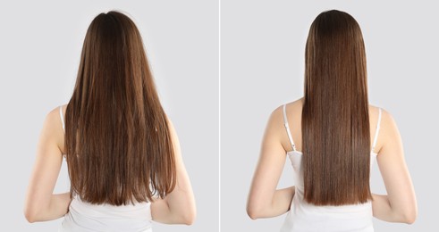 Image of Hair combing, straightening. Woman showing hairstyle before and after different procedures on light background, back view. Collage of photos