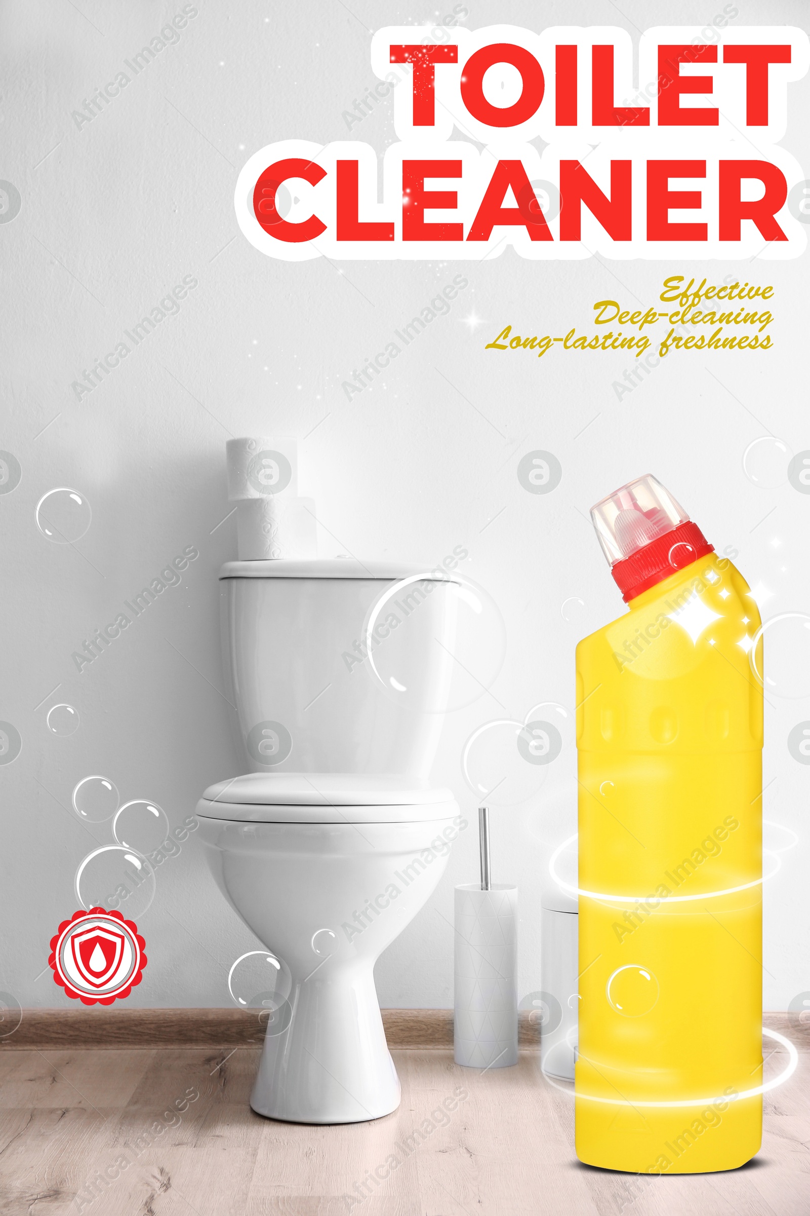 Toilet cleaner promotion poster. Bottle of product and bubbles in bathroom Image of Toilet cleaner promotion poster. Bottle of product and bubbles in bathroom