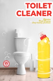 Image of Toilet cleaner promotion poster. Bottle of product and bubbles in bathroom