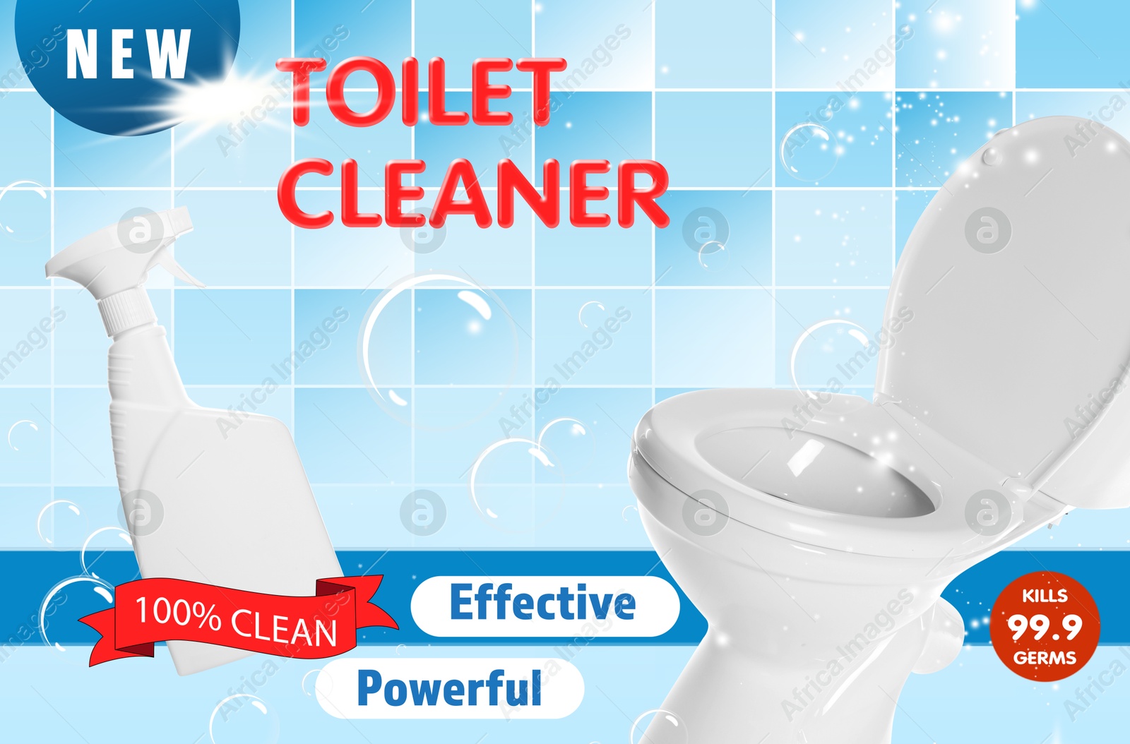 Toilet cleaner promotion poster. Bottle of product, bubbles and toilet against tiled background Image of Toilet cleaner promotion poster. Bottle of product, bubbles and toilet against tiled background