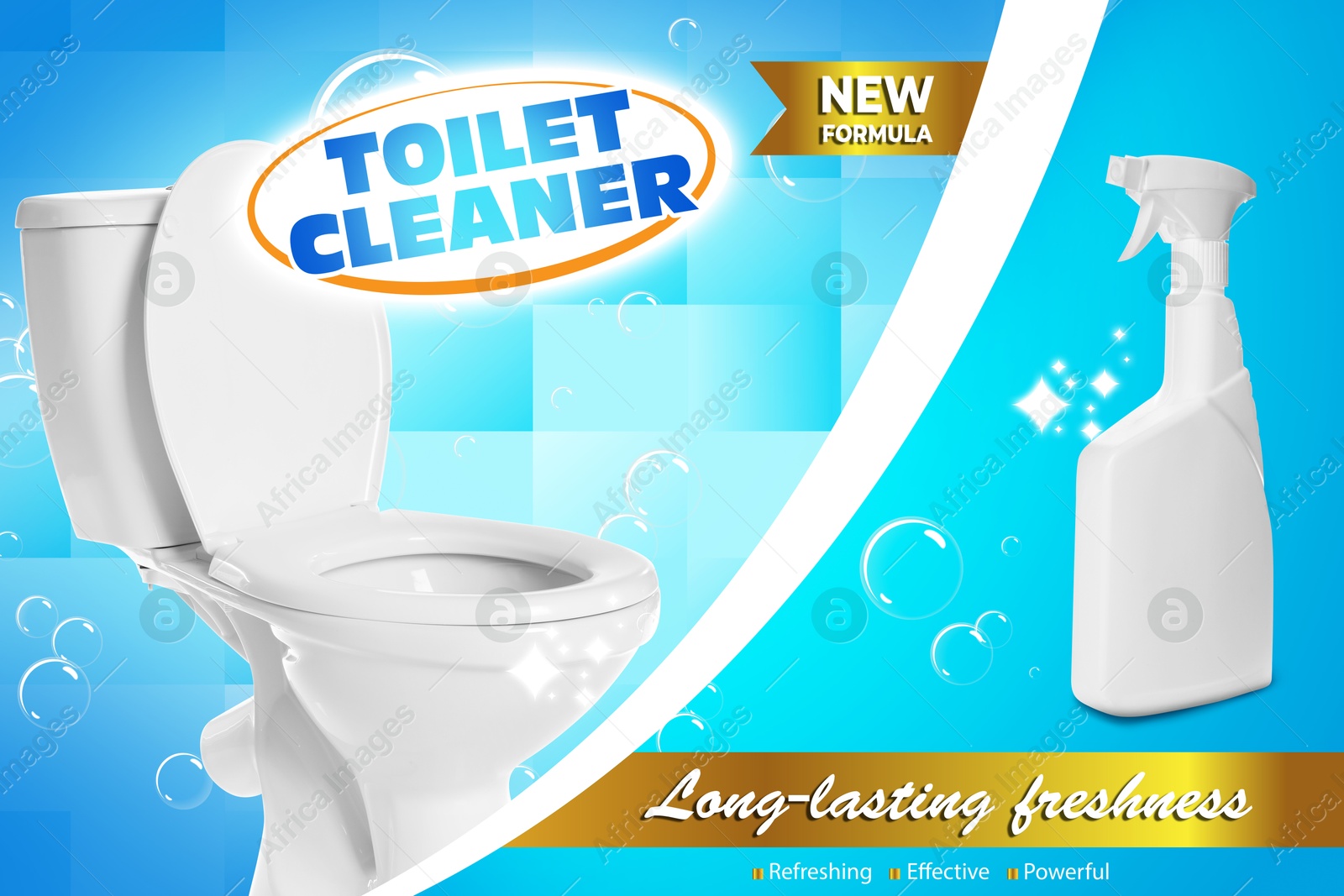 Toilet cleaner promotion poster. Bottle of product, bubbles and toilet against tiled background Image of Toilet cleaner promotion poster. Bottle of product, bubbles and toilet against tiled background