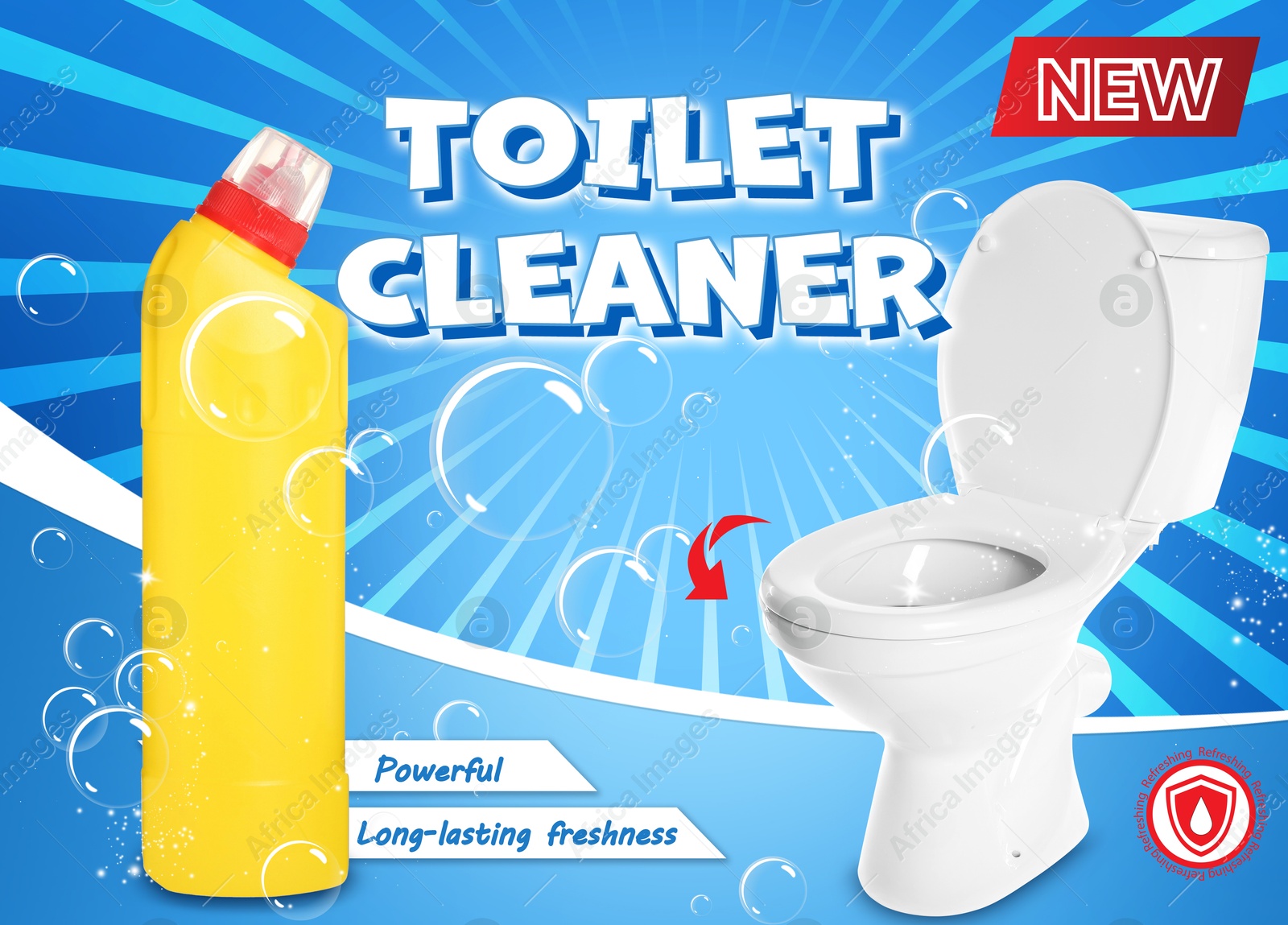 Toilet cleaner promotion poster. Bottle of product, bubbles and toilet against striped blue background Image of Toilet cleaner promotion poster. Bottle of product, bubbles and toilet against striped blue background