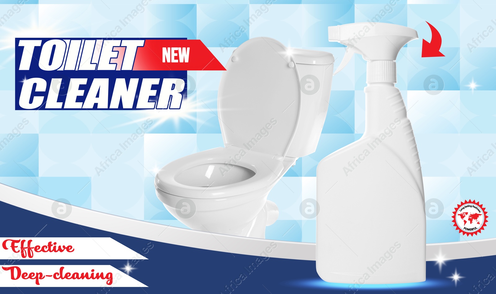 Toilet cleaner promotion poster. Bottle of product and shiny toilet against against tiled background Image of Toilet cleaner promotion poster. Bottle of product and shiny toilet against against tiled background