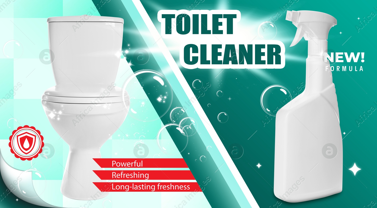 Toilet cleaner promotion poster. Bottle of product, bubbles and toilet against teal background Image of Toilet cleaner promotion poster. Bottle of product, bubbles and toilet against teal background