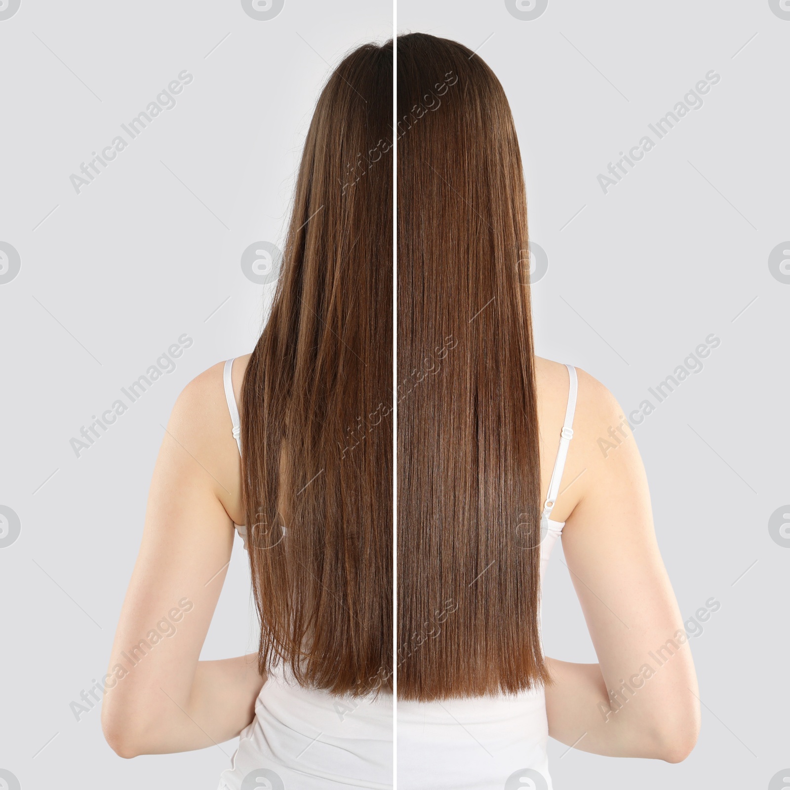 Hair combing, straightening. Woman showing hairstyle before and after different procedures on light background, back view. Photo divided in halves Image of Hair combing, straightening. Woman showing hairstyle before and after different procedures on light background, back view. Photo divided in halves