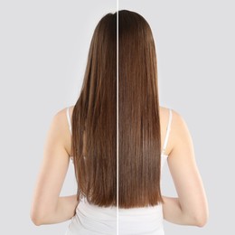 Image of Hair combing, straightening. Woman showing hairstyle before and after different procedures on light background, back view. Photo divided in halves