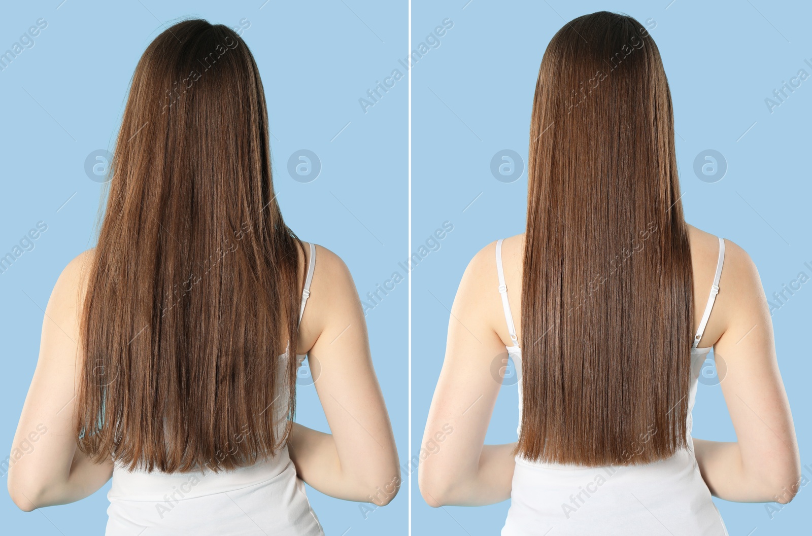 Hair combing, straightening. Woman showing hairstyle before and after different procedures on light blue background, back view. Collage of photos Image of Hair combing, straightening. Woman showing hairstyle before and after different procedures on light blue background, back view. Collage of photos