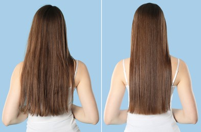 Image of Hair combing, straightening. Woman showing hairstyle before and after different procedures on light blue background, back view. Collage of photos