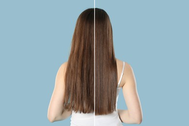 Image of Hair combing, straightening. Woman showing hairstyle before and after different procedures on light blue background, back view. Photo divided in halves