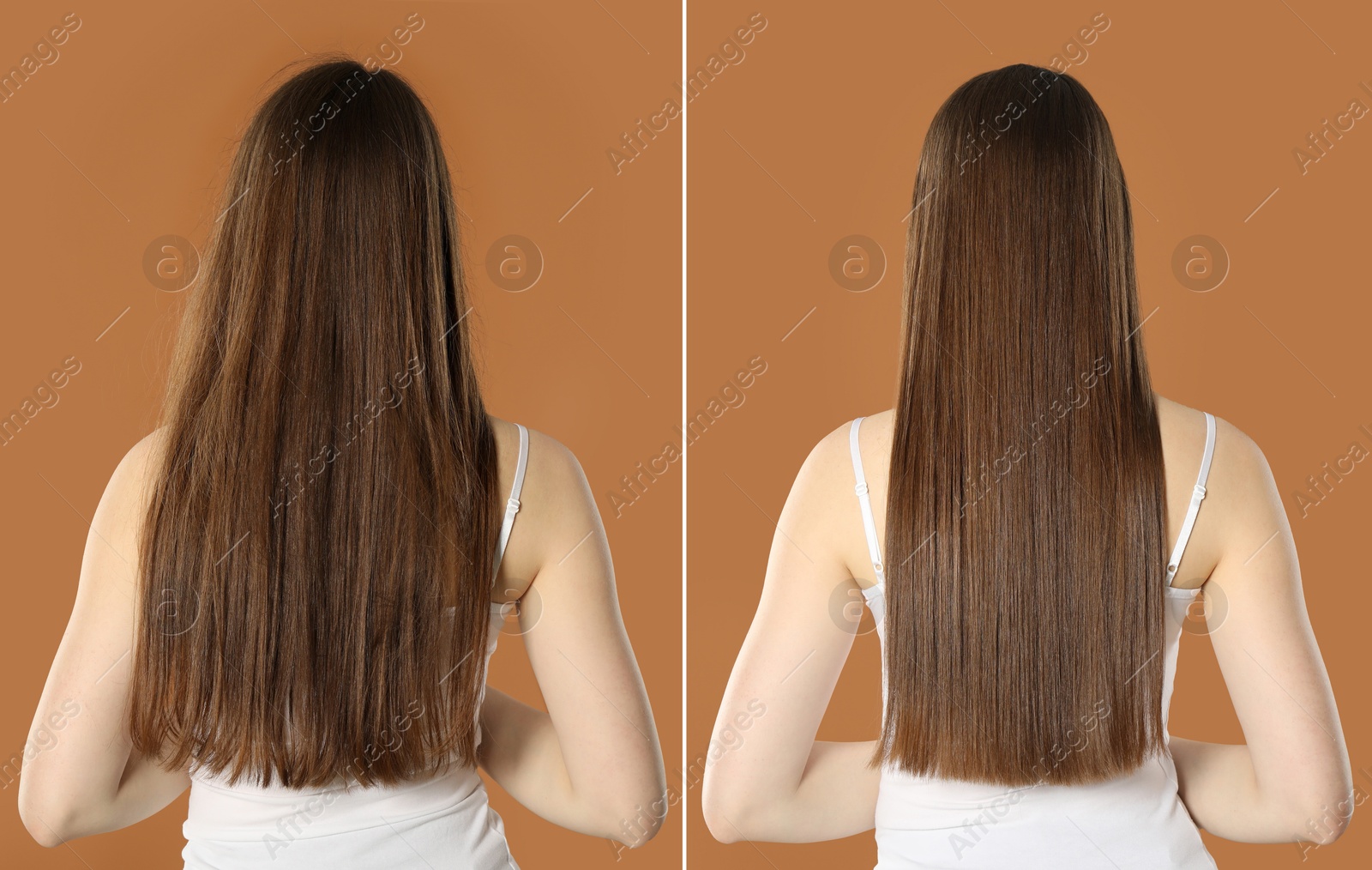 Hair combing, straightening. Woman showing hairstyle before and after different procedures on brown background, back view. Collage of photos Image of Hair combing, straightening. Woman showing hairstyle before and after different procedures on brown background, back view. Collage of photos