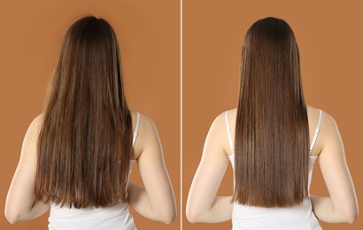 Image of Hair combing, straightening. Woman showing hairstyle before and after different procedures on brown background, back view. Collage of photos