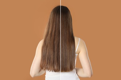 Image of Hair combing, straightening. Woman showing hairstyle before and after different procedures on brown background, back view. Photo divided in halves