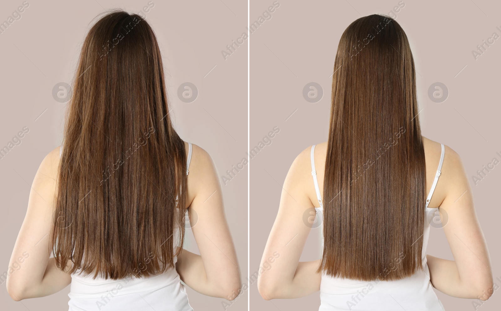 Hair combing, straightening. Woman showing hairstyle before and after different procedures on grey background, back view. Collage of photos Image of Hair combing, straightening. Woman showing hairstyle before and after different procedures on grey background, back view. Collage of photos