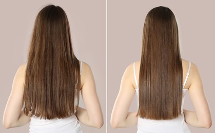 Image of Hair combing, straightening. Woman showing hairstyle before and after different procedures on grey background, back view. Collage of photos