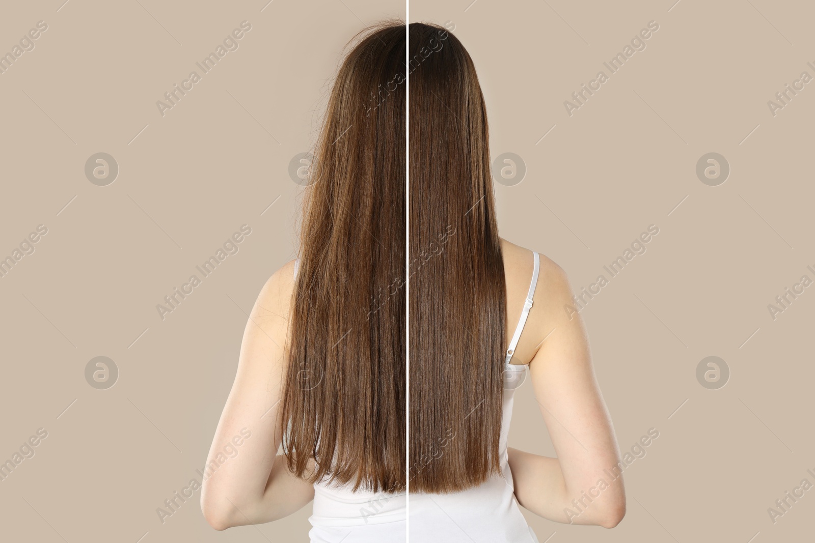 Hair combing, straightening. Woman showing hairstyle before and after different procedures on beige grey background, back view. Photo divided in halves Image of Hair combing, straightening. Woman showing hairstyle before and after different procedures on beige grey background, back view. Photo divided in halves