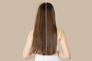 Image of Hair combing, straightening. Woman showing hairstyle before and after different procedures on beige grey background, back view. Photo divided in halves