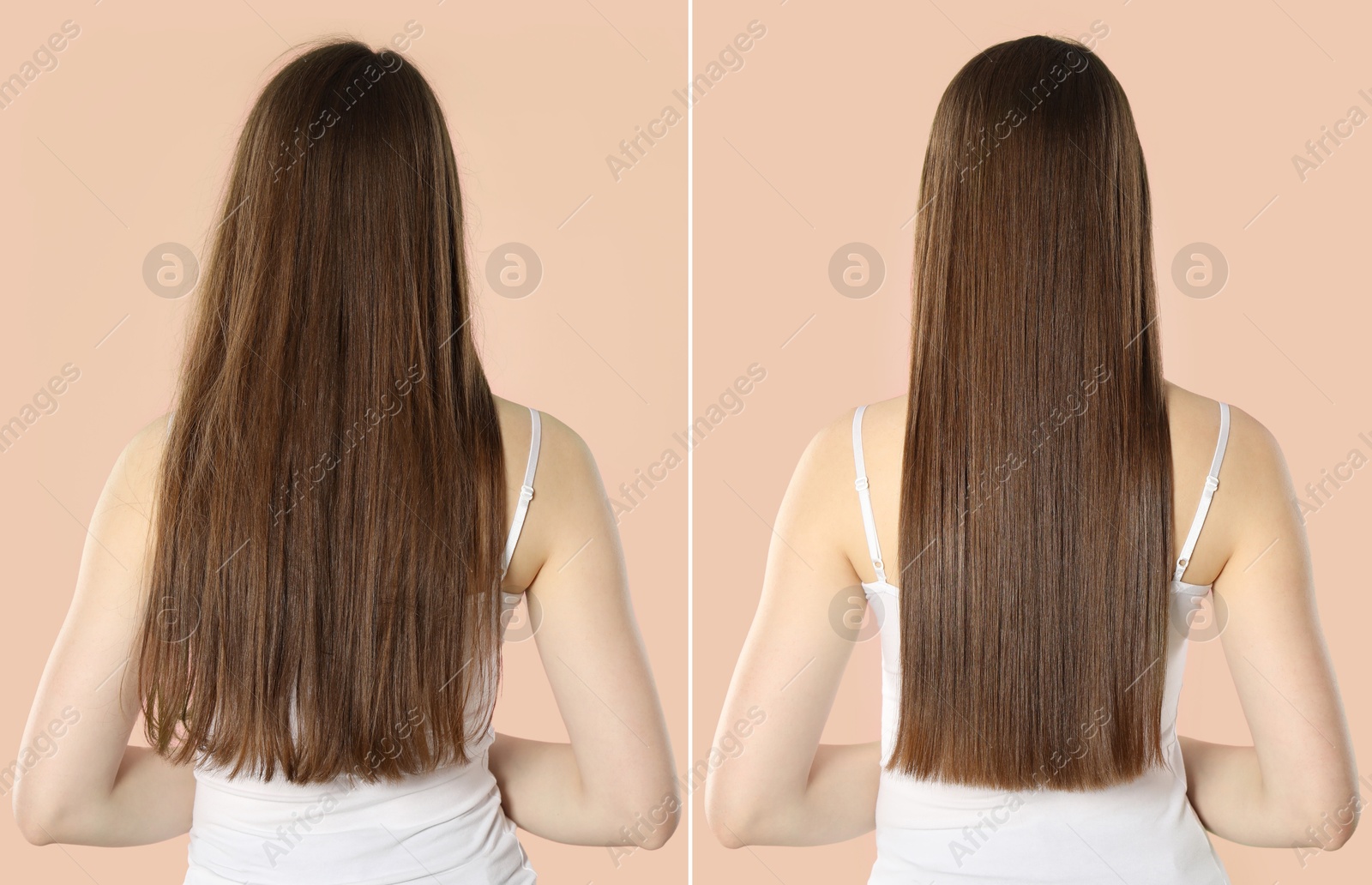 Hair combing, straightening. Woman showing hairstyle before and after different procedures on beige background, back view. Collage of photos Image of Hair combing, straightening. Woman showing hairstyle before and after different procedures on beige background, back view. Collage of photos