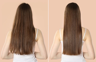Image of Hair combing, straightening. Woman showing hairstyle before and after different procedures on beige background, back view. Collage of photos