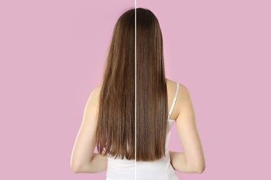 Image of Hair combing, straightening. Woman showing hairstyle before and after different procedures on violet background, back view. Photo divided in halves