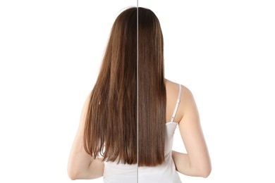 Image of Hair combing, straightening. Woman showing hairstyle before and after different procedures on white background, back view. Photo divided in halves