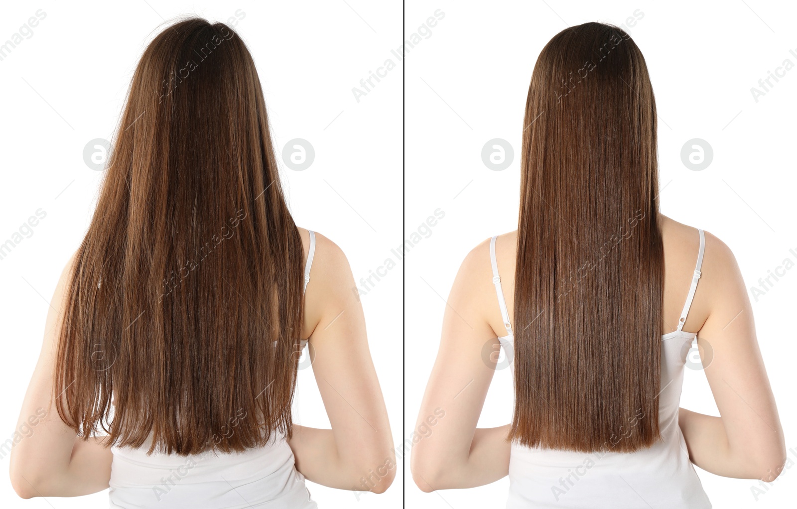 Hair combing, straightening. Woman showing hairstyle before and after different procedures on white background, back view. Collage of photos Image of Hair combing, straightening. Woman showing hairstyle before and after different procedures on white background, back view. Collage of photos