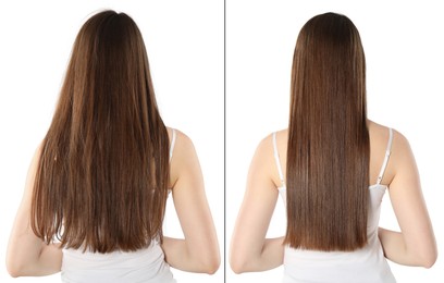 Image of Hair combing, straightening. Woman showing hairstyle before and after different procedures on white background, back view. Collage of photos