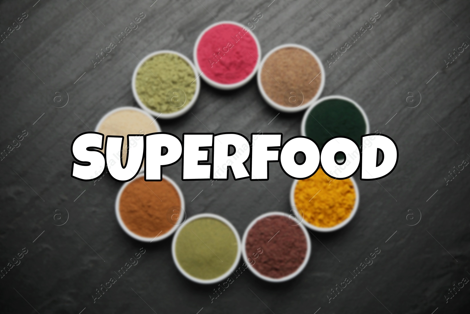 Superfood. Different powders in bowls on black table, flat lay Image of Superfood. Different powders in bowls on black table, flat lay