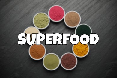 Image of Superfood. Different powders in bowls on black table, flat lay