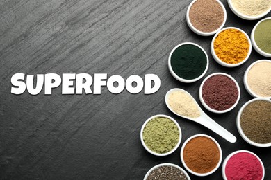 Image of Superfood. Different powders in bowls and spoon on black table, flat lay