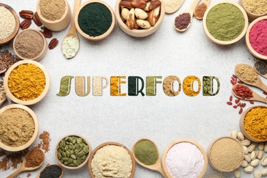 Image of Superfood. Different powders and food products on light table, flat lay