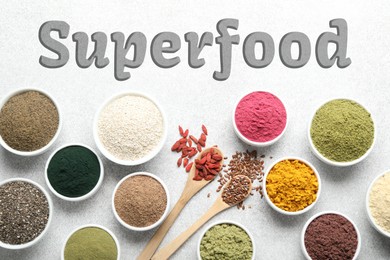 Image of Superfood. Different powders and food products on light table, flat lay