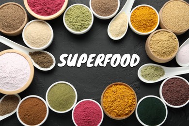 Image of Superfood. Different powders in bowls and spoons on black table, flat lay