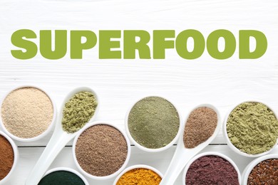Image of Superfood. Different powders and flaxseeds on white wooden table, flat lay