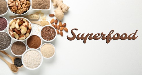 Image of Superfood. Different powders and food products on white background, flat lay. Banner design