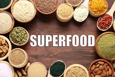 Image of Superfood. Different powders and food products on wooden table, flat lay