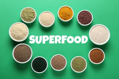 Image of Superfood. Different powders in bowls on green background, flat lay