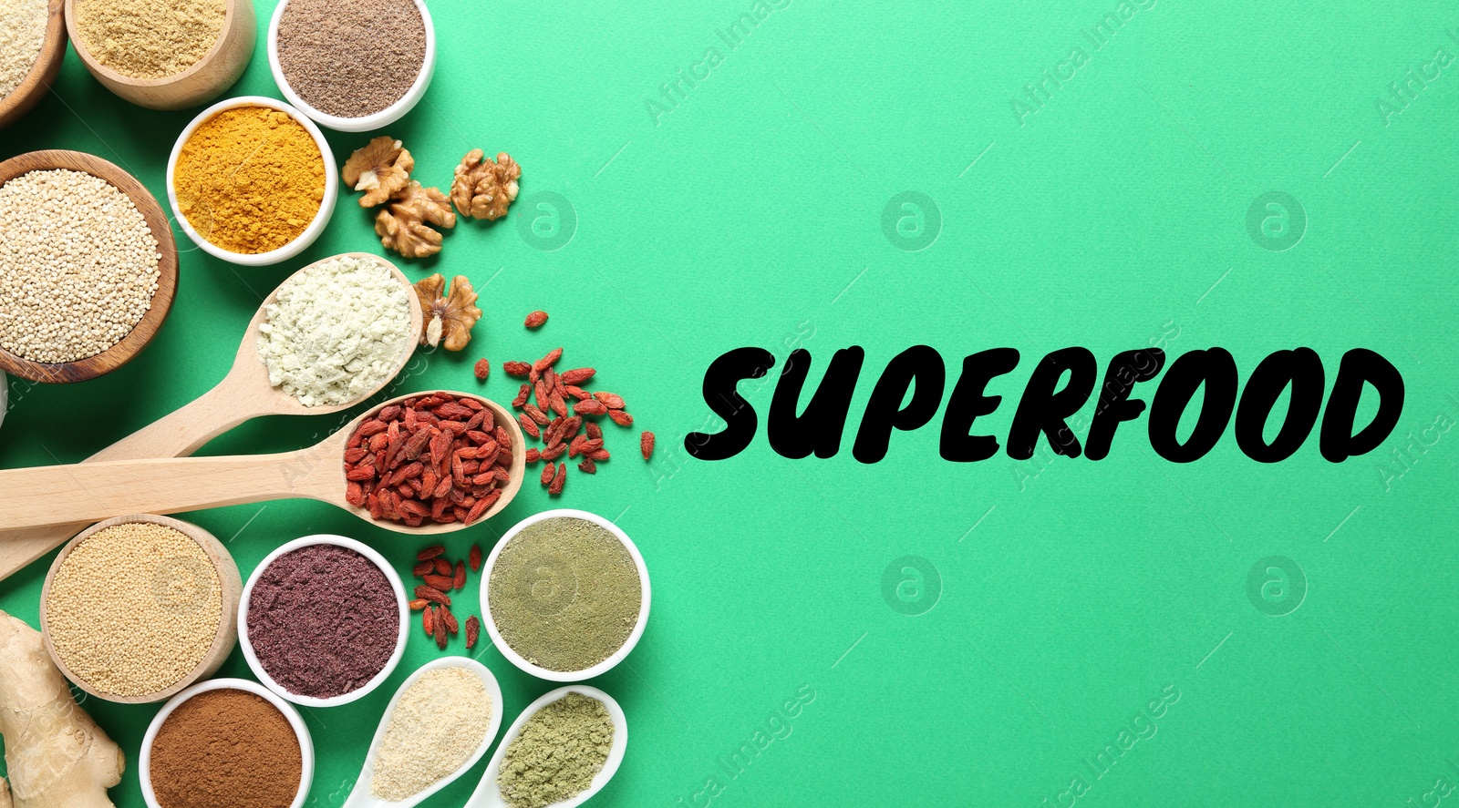 Superfood. Different powders and food products on green background, flat lay. Banner design Image of Superfood. Different powders and food products on green background, flat lay. Banner design