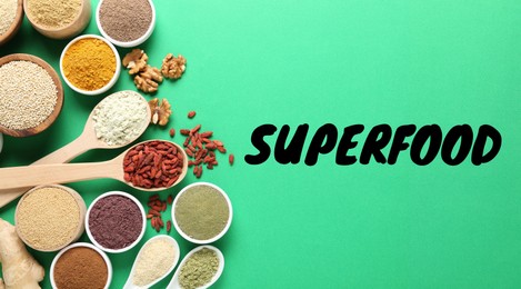 Image of Superfood. Different powders and food products on green background, flat lay. Banner design