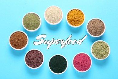 Image of Superfood. Different powders in bowls on light blue background, flat lay
